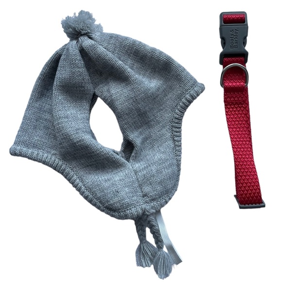 Dog Knit Winter Hat + Red Collar L Gray Red - Picture 13 of 14